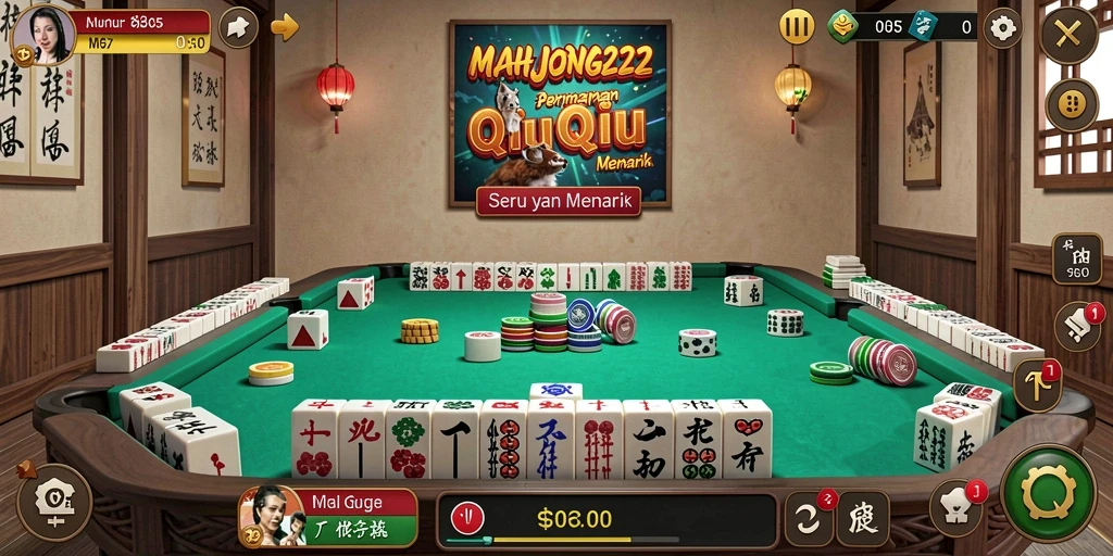 Tampilan gameplay seru dalam MAHJONG222, menampilkan aksi QiuQiu yang menegangkan.
