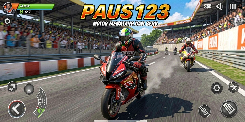 Screenshot utama PAUS123 menampilkan balapan motor yang seru.