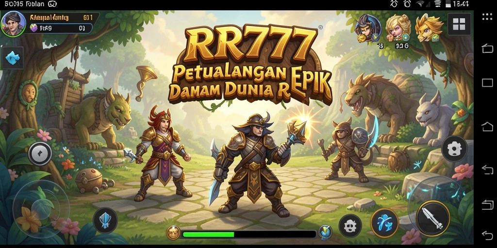 Tangkapan layar permainan RR777 menampilkan pertarungan epik karakter RPG.